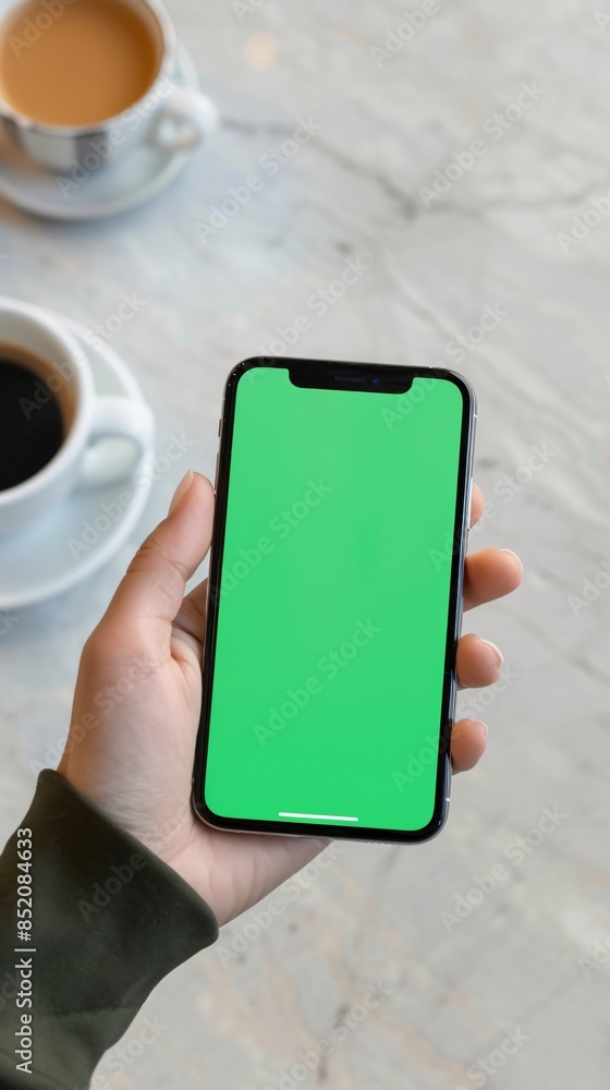 Aufkleber mock up smartphone with green screen display held in hand. technology and communication concept
