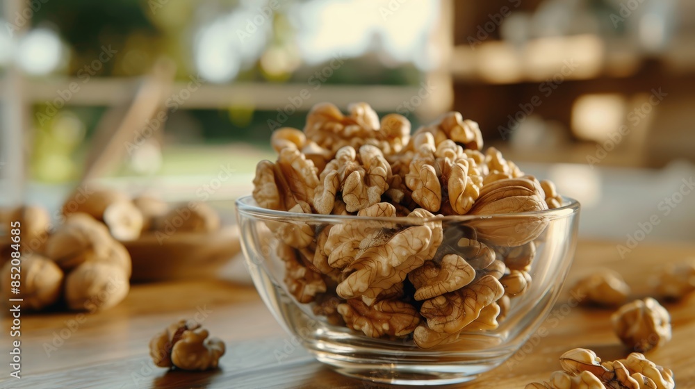 Poster walnuts without their shell in a container on the table room for text