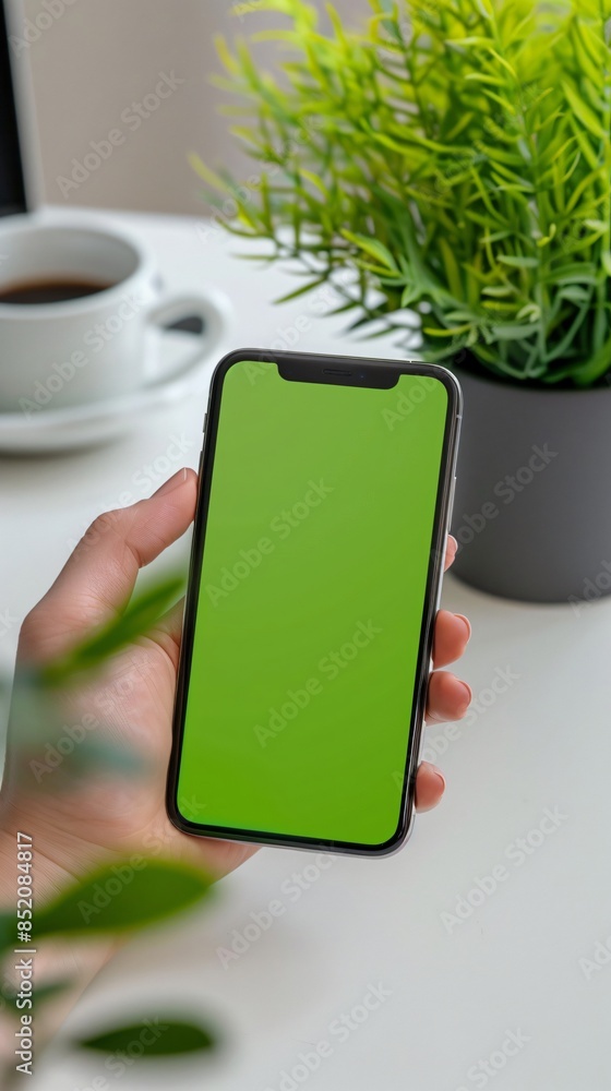 Aufkleber mock up smartphone with green screen display held in hand. technology and communication concept