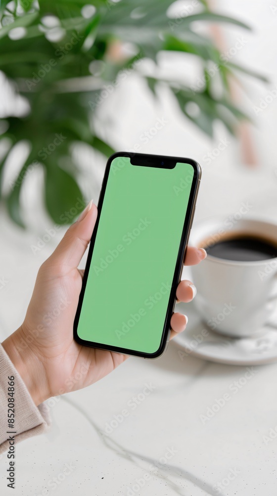 Poster mock up smartphone with green screen display held in hand. technology and communication concept