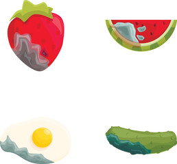 Spoiled food icons set cartoon vector. Various spoiled and damaged product. Organic food waste