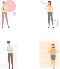 Benchmarking process icons set cartoon vector. People testing product quality. Online testing