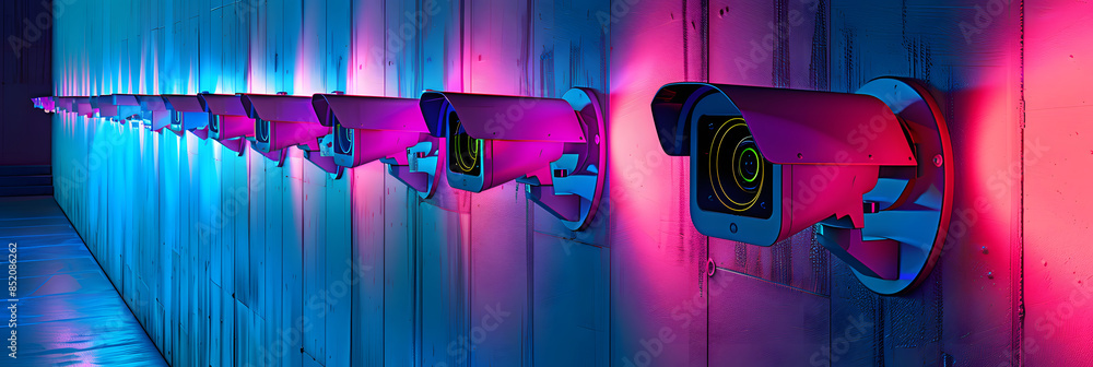 Poster a row of security cameras are lit up in neon colors. the idea behind this image is to create a sense