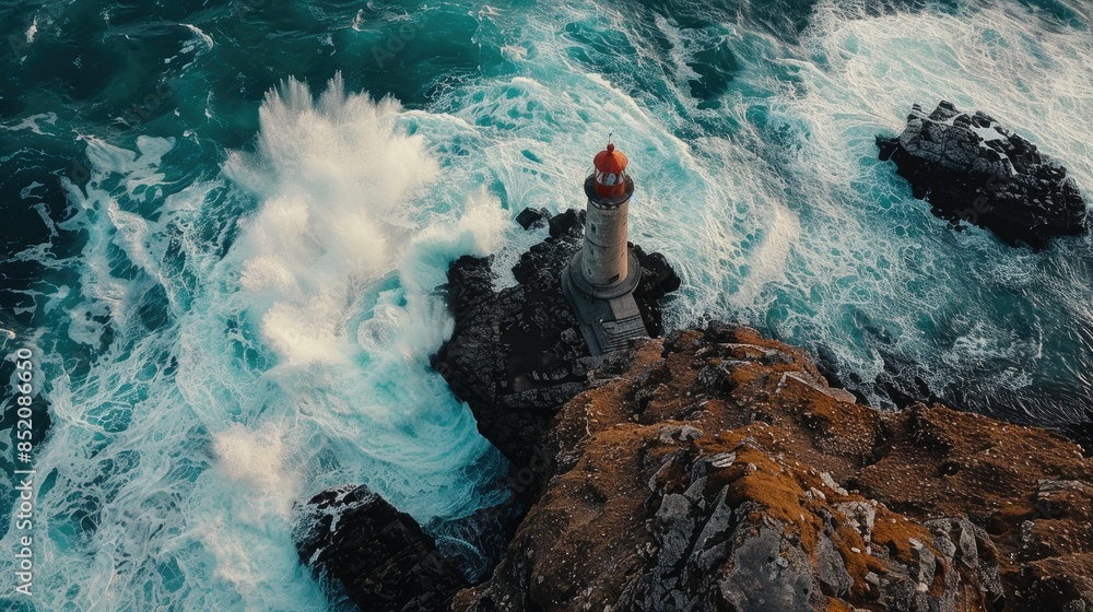 Wall mural a breathtaking aerial view of a lighthouse standing on a rock surrounded by vast liquid water, showc - Wall murals