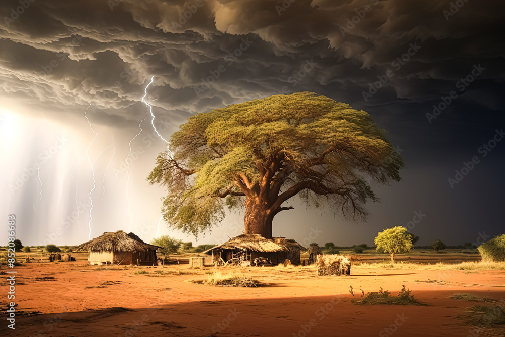 Poster a tree is in the middle of a desert with a storm in the background.