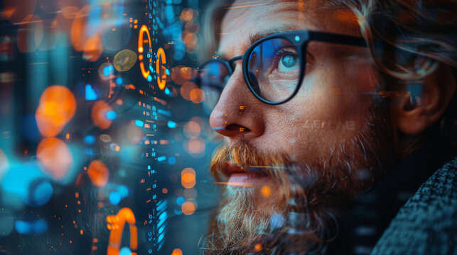 Data science and big data technology. Scientist computing, analysing and visualizing complex data set on computer. Data mining, artificial intelligence, machine learning, business analytics - Powered by Adobe