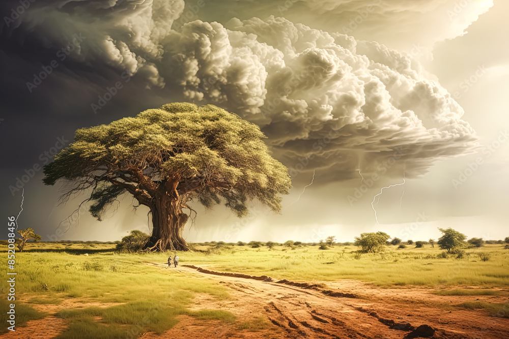 Poster a tree is in the middle of a desert with a storm in the background.