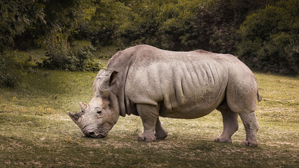 Rhino grazing on grass outdoors in nature