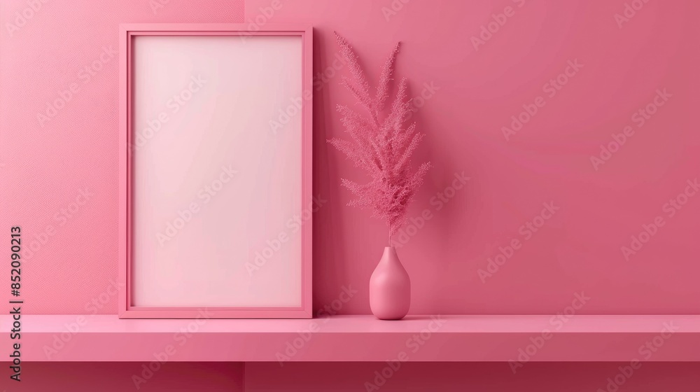 Poster pink photo frame with empty space on shelf against pink backdrop