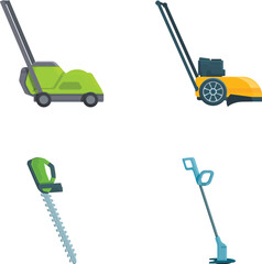 Lawnmower icons set cartoon vector. Electric lawn mower and grass trimmer. Gardening equipment