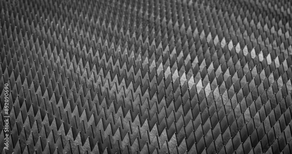 Poster a close up of a metal surface with many small triangles. the image has a dark and industrial feel to