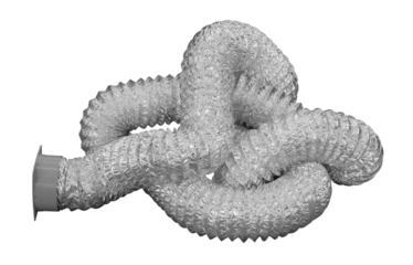 A white flexible tube with a white cap is twisted and bent. The tube is made of shiny plastic isolated on transparent background