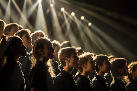 Children's choir performing on stage under colorful lights