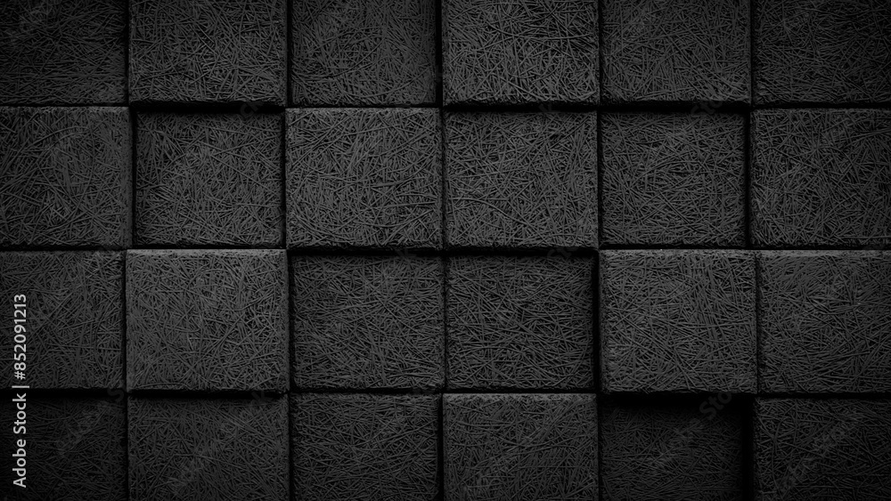 Poster A black and white photo of a wall made of black blocks. The photo is monochrome and has a very dark and moody feel to it. The blocks are arranged in a way that creates a sense of depth and texture