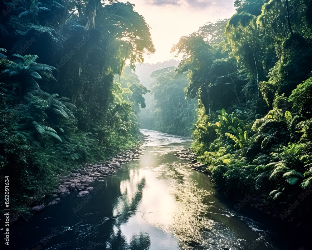 Poster a lush green jungle with a stream running through it.