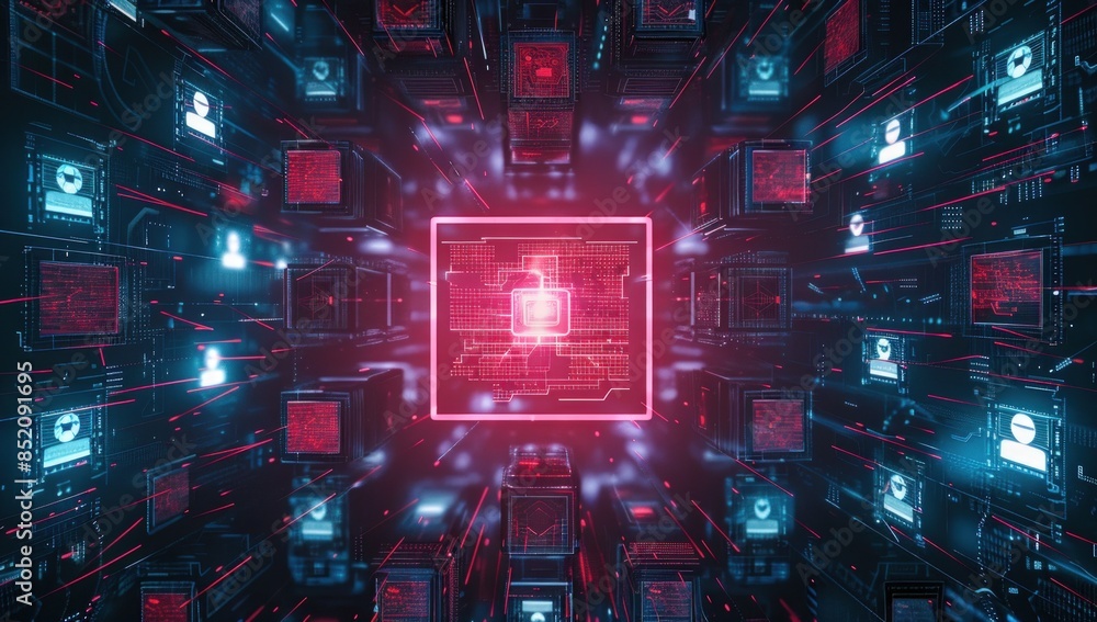 Poster a computer chip with a red face on it. the chip is surrounded by many other faces.