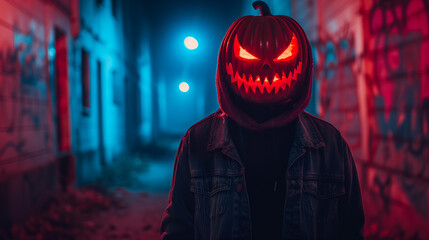 Man in costume with a Halloween pumpkin head on a neon lit street at night