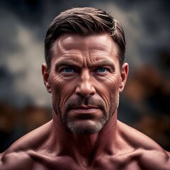 A portrait of a strong, ruggedly handsome man with chiseled jawline, prominent cheekbones, and piercing blue eyes.