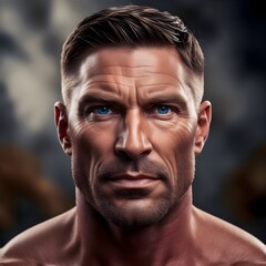 Fototapeta premium A portrait of a strong, ruggedly handsome man with chiseled jawline, prominent cheekbones, and piercing blue eyes.