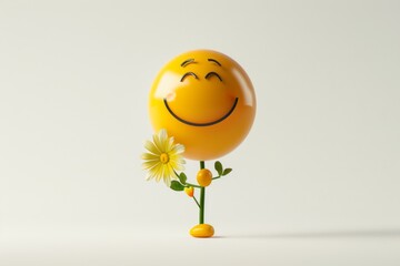 A yellow smiley face holding a yellow flower is showing a happy gesture