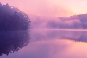 Fototapeta premium serene lakeside scene captured at dawn where mist rises over still waters, surrounded by a tranquil forest in pink hues