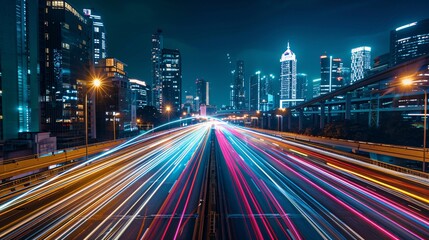 Obraz premium A city street at night with a long, bright, colorful highway