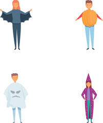 Halloween holiday icons set cartoon vector. Children in funny halloween costume. Masquerade