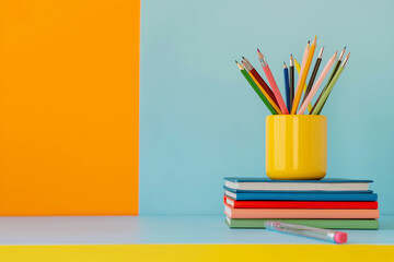 Fototapeta premium On the table are school supplies, notebooks and pencils, all in bright colors. Back to school concept.