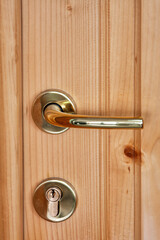 Obraz premium door handle and lock detail, gold, new pine wooden door