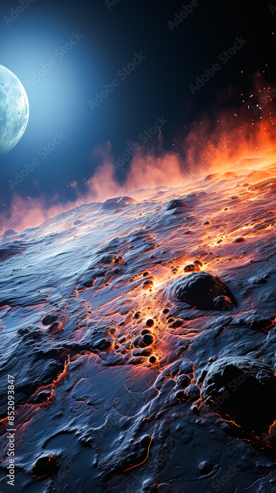 Poster a lava flow is depicted in a space scene with a large planet in the background.