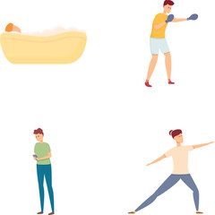 Stress dealing icons set cartoon vector. People deal with stress differently. Hobby, pastime