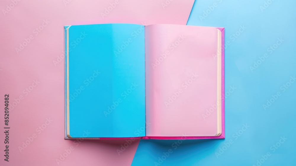 Poster notebook with colorful pages on pink and blue backdrop top view flat layout empty space