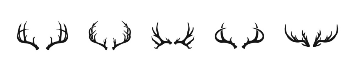 Deer horns vector icon set. Reindeer antlers flat silhouette.