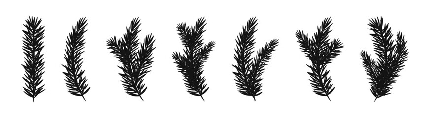 Fir branch vector silhouette set. Pinetree twig flat black collection. © 11ua