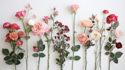 A bunch of roses and various other flowers set against a white backdrop