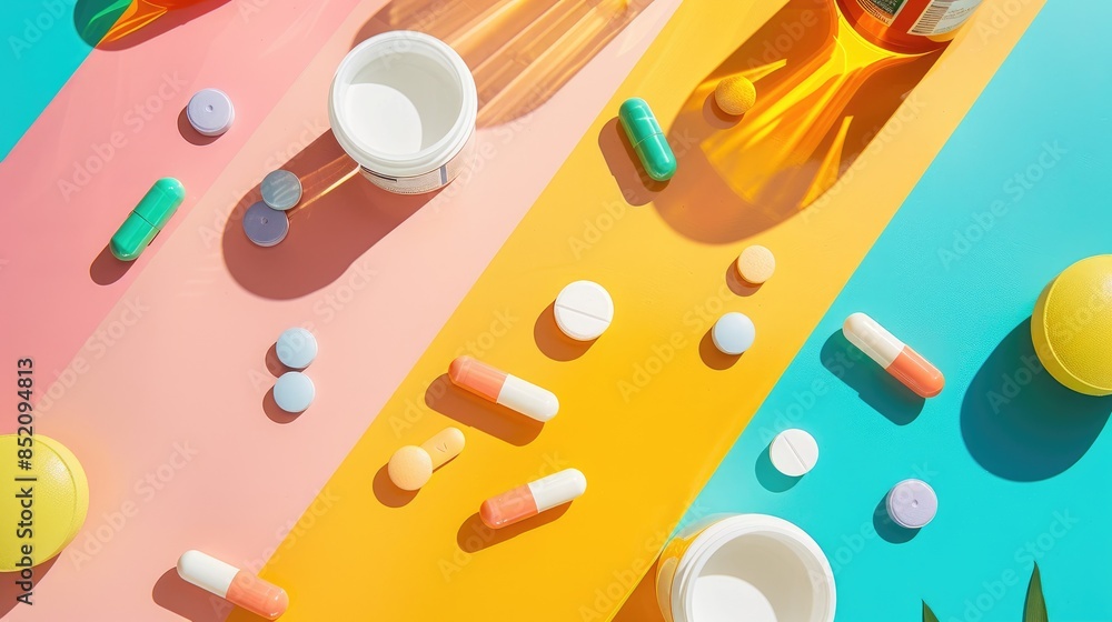 Poster assorted medication on a colorful backdrop