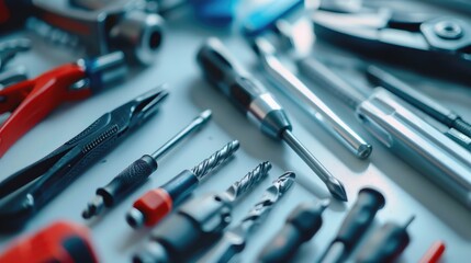 Blurry Philips screwdriver on white surface among multi tool accessories