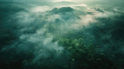 Obraz premium Capture the breathtaking aerial view of a dark green misty landscape in the early morning showcasing a thriving natural ecosystem within a lush and humid forest Embodying the essence of nat