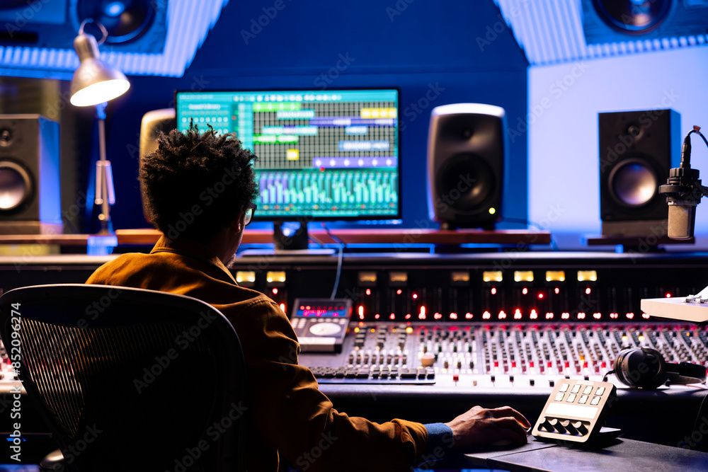 Poster Music producer editing and processing sounds in control room with audio console and professional software on computer. Post production engineer uses motorized faders and twisting knobs.