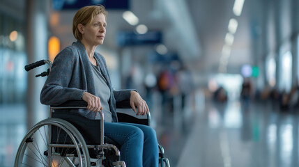 Obraz premium adult woman in her fifties sitting at the airport with a wheelchair, looking around for something she is missing and waiting to board the plane