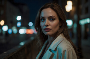 Obraz premium Portrait of a girl in a night city. Smiling.He's looking at us.