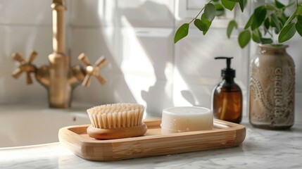 Eco friendly bamboo dishwashing brush with soap in minimalist design