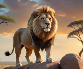 Powerful lion with a majestic mane standing on a rock, bathed in the warm hues of a sunset. The African savannah landscape adds to the regal and awe-inspiring scene.. AI Generation