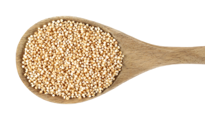 Amaranth pops in wooden spoon, popped grains isolated on white background, top view