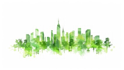 Fototapeta premium A city skyline with a green forest in the background.