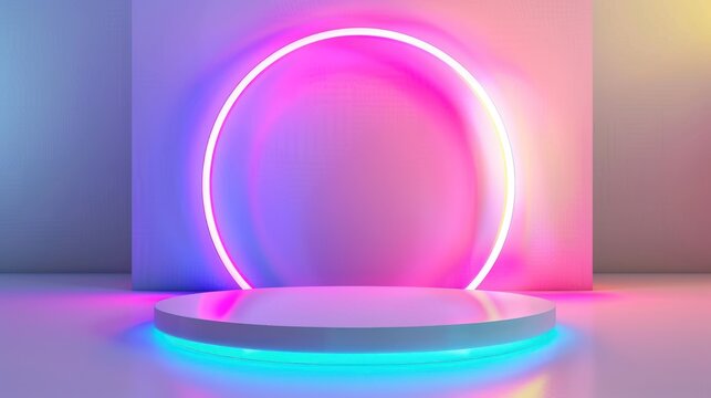 Podium Neon display effect circle electric light background modern style wallpaper AI generated image