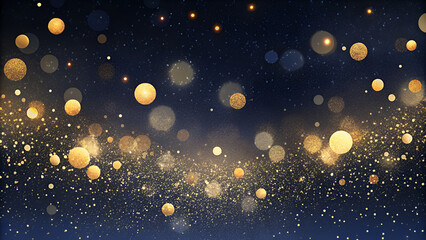 Gold sparkle particles abstract Background.Christmas Golden light shine particles bokeh on navy...