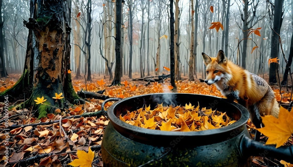 Poster a curious fox stands beside a cauldron filled with autumn leaves in a foggy forest. the vibrant colo