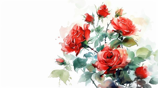 An exquisite watercolor sketch of a bouquet of vibrant red roses delicately hand painted with intricate details of lush green leaves against a crisp white backdrop This stunning floral card