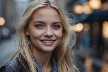 Obraz premium portrait of a young girl in the city, blonde with blue eyes, 25 years old. Smiling.He's looking at us. It's raining.